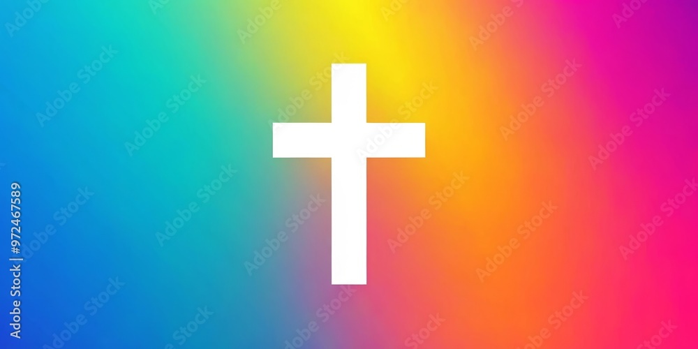 A crisp white cross emblem stands firm against a dynamic gradient of blue, pink, and yellow tones, resulting A crisp white cross emblem stands firm against a dynamic gradient of blue, pink, and yellow tones, resulting