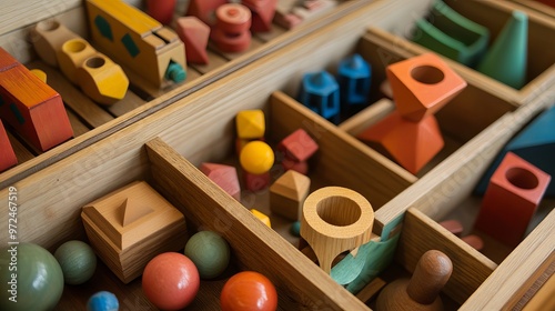 Wooden geometric toys often come in storage boxes with dividers, helping to keep them organized by shape or type.