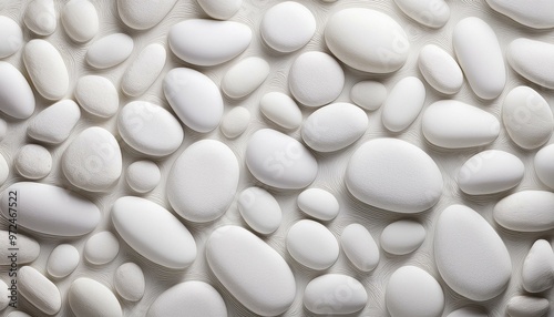 Close-up of smooth white pebbles arranged on a subtly textured surface, conveying simplicity, calmness, and natural beauty.