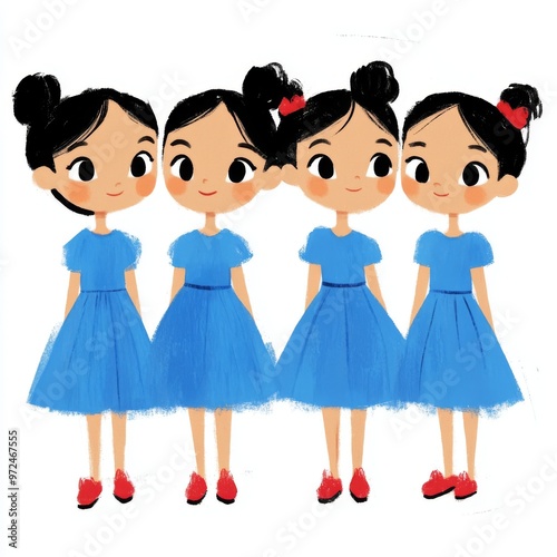 Modern set of happy little girls in various action poses, hand gestures, and leg positions, including peace signs, wink eyes, crossed arms, hand on waist, and standing one leg up.