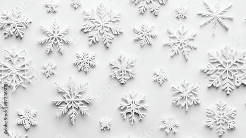 White paper snowflakes on a white background.