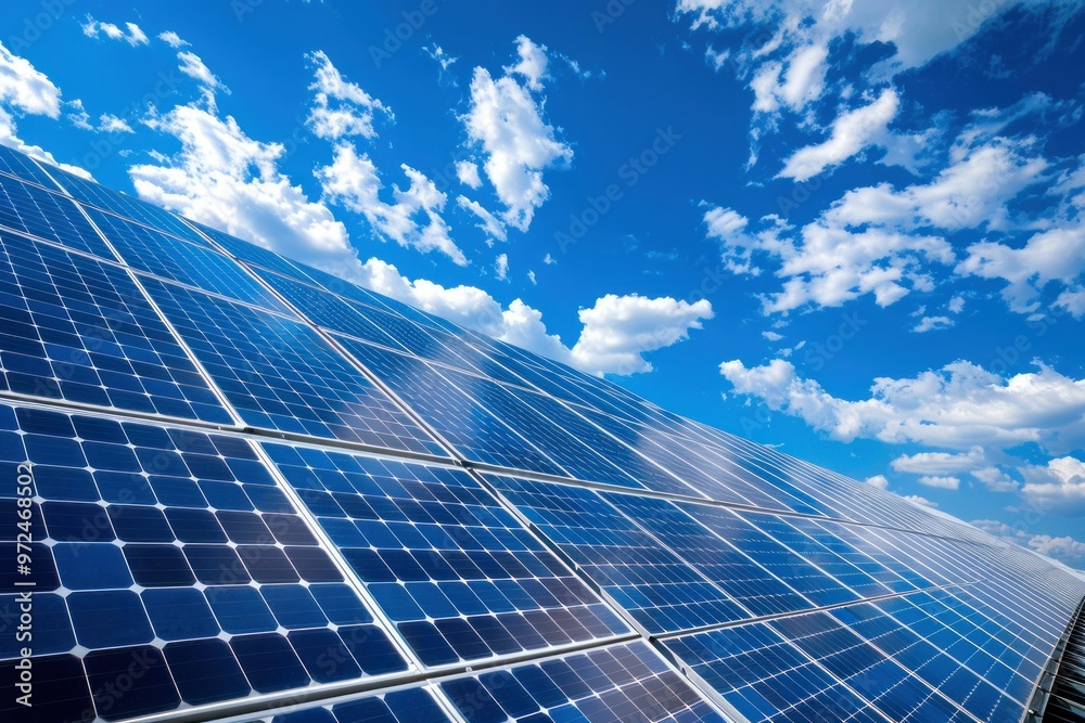 Solar panels on a rooftop under a bright blue sky with fluffy white clouds, showcasing renewable energy technology and sustainability Solar panels on a rooftop under a bright blue sky with fluffy white clouds, showcasing renewable energy technology and sustainability