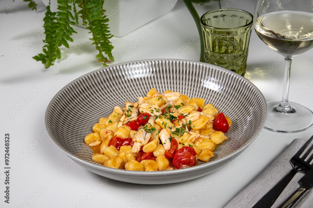 Gnocchi hand made with fresh fish and cherry tomatoes in an elegant dish Gnocchi hand made with fresh fish and cherry tomatoes in an elegant dish