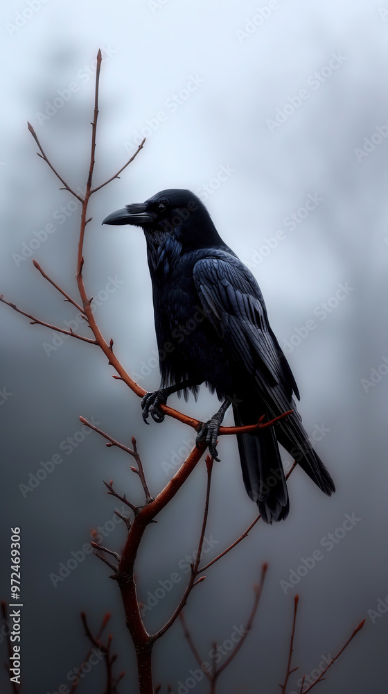 Illustration AI raven perched on a bare branch in a foggy, eerie landscape. Religion and culture. Illustration AI raven perched on a bare branch in a foggy, eerie landscape. Religion and culture.