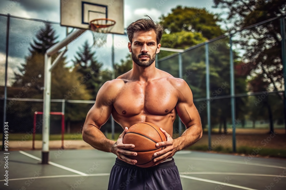 Athletic male figure stands confidently on a court, grasping a basketball with both hands, focused intensity in his Athletic male figure stands confidently on a court, grasping a basketball with both hands, focused intensity in his