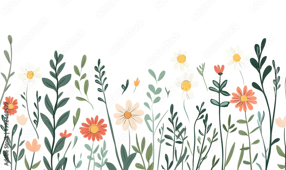 2D illustrator doodle-style floral and leaf graphics on a white background or wallpaper 2D illustrator doodle-style floral and leaf graphics on a white background or wallpaper