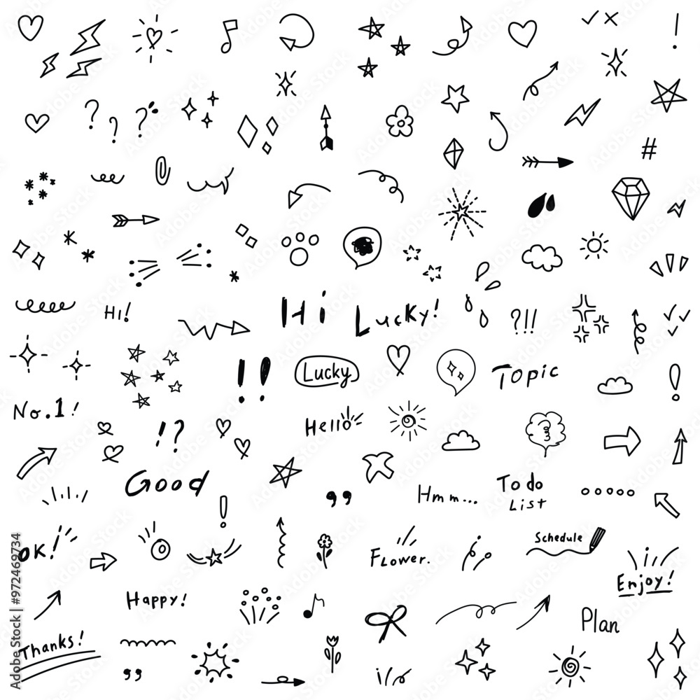 Hand drawn doodles icon in flat style. Speech bubbles, arrows and shapes vector illustration on isolated background. Drawing sketch sign business concept. Hand drawn doodles icon in flat style. Speech bubbles, arrows and shapes vector illustration on isolated background. Drawing sketch sign business concept.