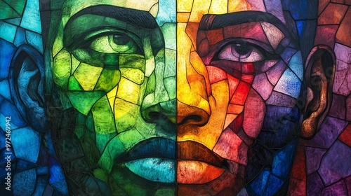 Dual Perspectives: Face Admiring Stained Glass Art in Vibrant Colors