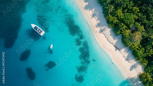 motor boats anchor at the crystal clear blue riff at he tropical island with sandy beach and palm trees