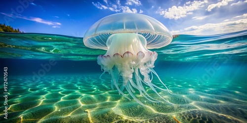 A translucent, gelatinous true jellyfish with delicate, lace-like tentacles and a pulsing, iridescent bell floats photo