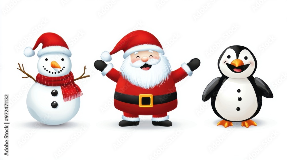 Vector Christmas design featuring Santa Claus, snowman, and penguin, all in festive, Vector Christmas design featuring Santa Claus, snowman, and penguin, all in festive,