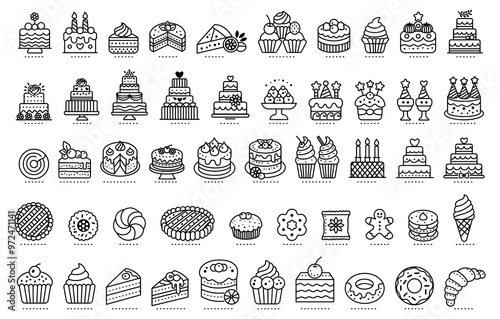 A collection of cake and dessert icons in a line art style on a white background. Perfect for bakery and pastry concepts. Vector illustration