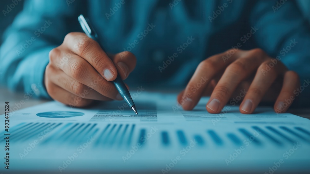Fototapeta premium A close-up of a person writing on a report with graphs, illustrating data analysis and business strategy development.