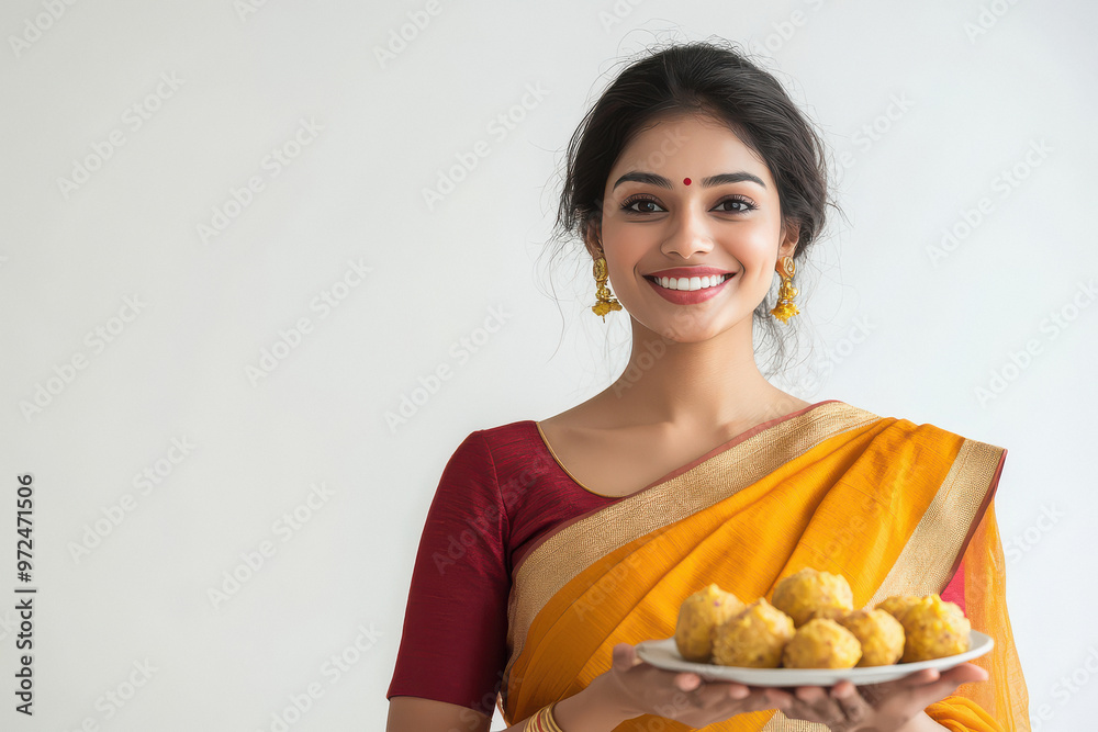 young indian woman holding ladoo plate on white background young indian woman holding ladoo plate on white background