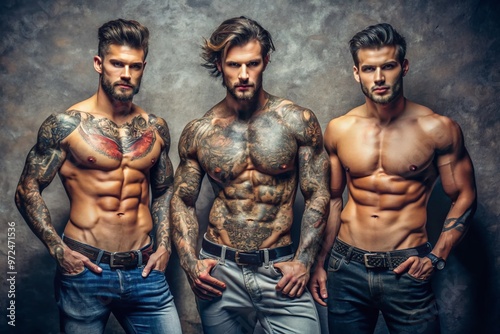 Attractive, confident, tattooed young men with muscular physiques and trendy hairstyles pose together, flaunting their photo