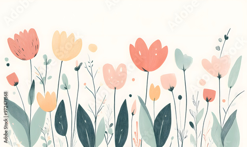 2D illustrator doodle-style floral and leaf graphics on a white background or wallpaper