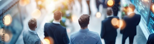 A group of professionals walking together in a modern urban setting, with a stylish, blurred background full of light.