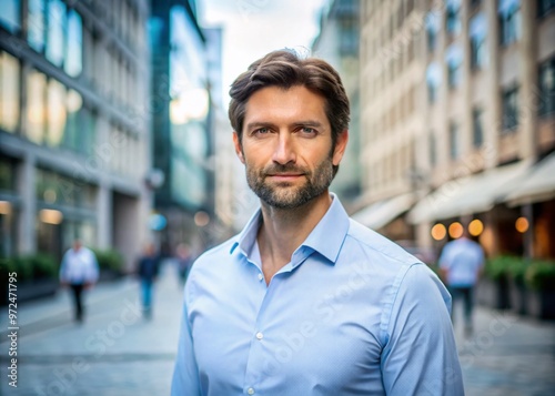 Attractive middle-aged European man with short brown hair and stubble, wearing a light blue dress shirt and standing