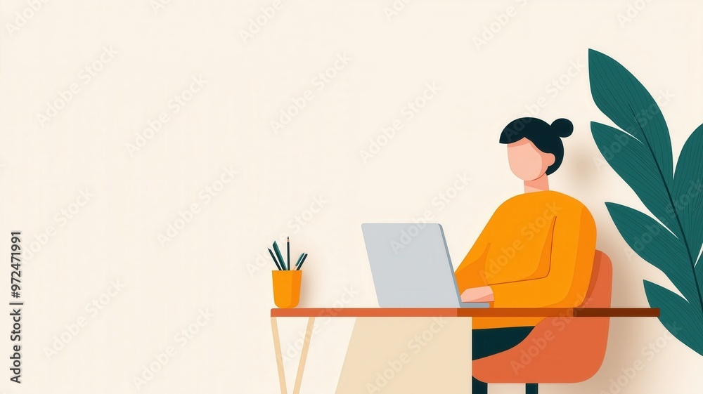 A modern workspace featuring a person with a laptop, indoor plant, and colorful decor, ideal for creative and professional use. A modern workspace featuring a person with a laptop, indoor plant, and colorful decor, ideal for creative and professional use.