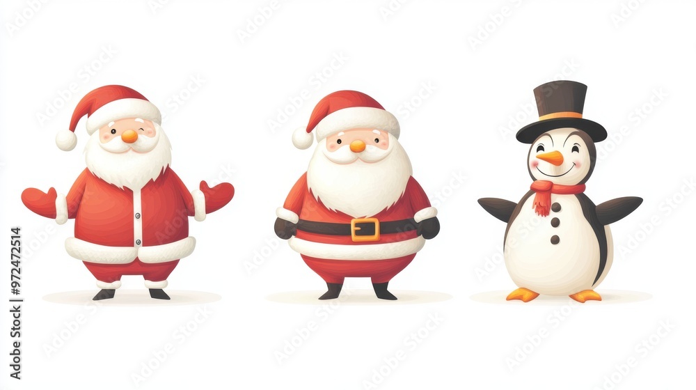 Vector illustration of Santa Claus, snowman, and penguin, each in a funny pose, isolated Vector illustration of Santa Claus, snowman, and penguin, each in a funny pose, isolated