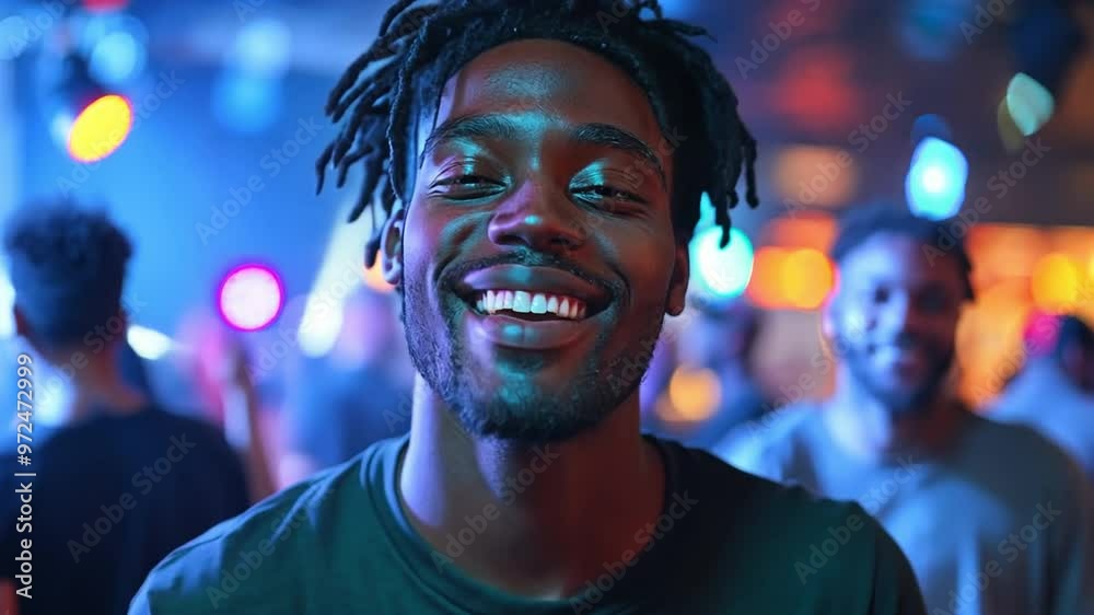 A young, multiethnic man dancing in a purple neon-lit nightclub against his buddies and the deejay while wearing a trendy black and green t-shirt A young, multiethnic man dancing in a purple neon-lit nightclub against his buddies and the deejay while wearing a trendy black and green t-shirt