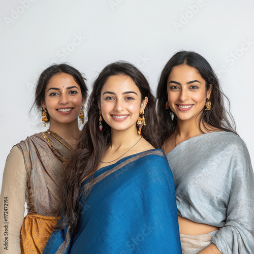young indian woman group standing on white background