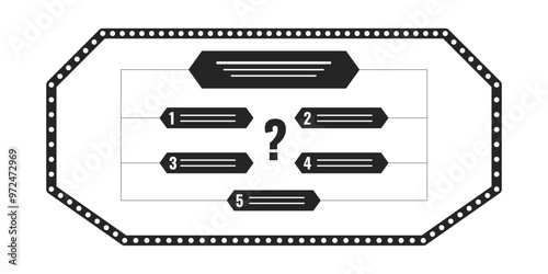 Quiz show display with question choices black and white 2D line object. Trivia competition screen isolated clip art vector outline item. Quest options answer. Monochromatic spot illustration