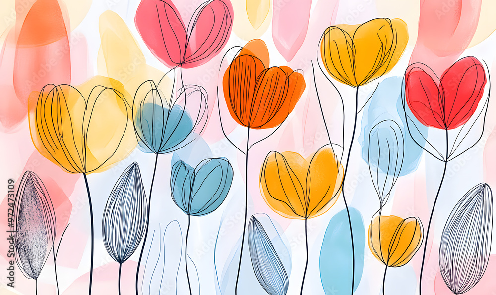 Fototapeta premium 2D illustrator doodle-style floral and leaf graphics on a white background or wallpaper