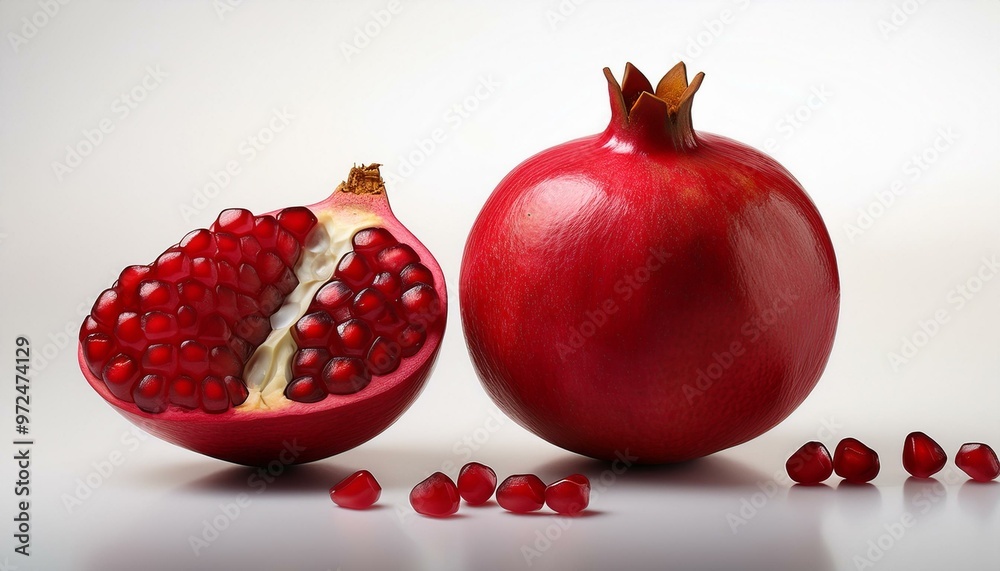 A red pomegranate displayed against a white background, emphasizing its rich color and texture. A red pomegranate displayed against a white background, emphasizing its rich color and texture.