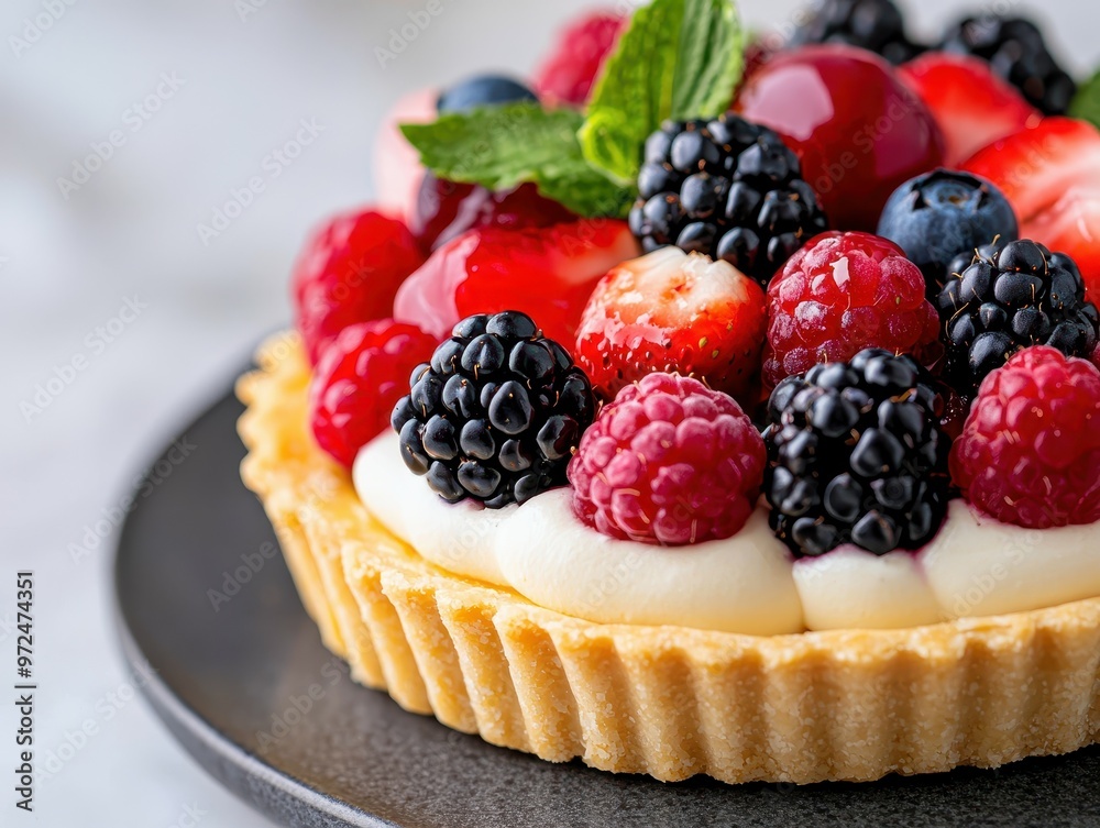 Delicious fruit tart topped with fresh berries and mint leaves. Delicious fruit tart topped with fresh berries and mint leaves.