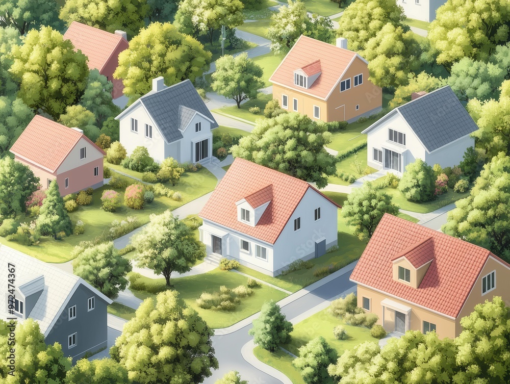 Aerial view of a serene neighborhood with diverse houses surrounded by lush greenery and tree-lined streets. Aerial view of a serene neighborhood with diverse houses surrounded by lush greenery and tree-lined streets.