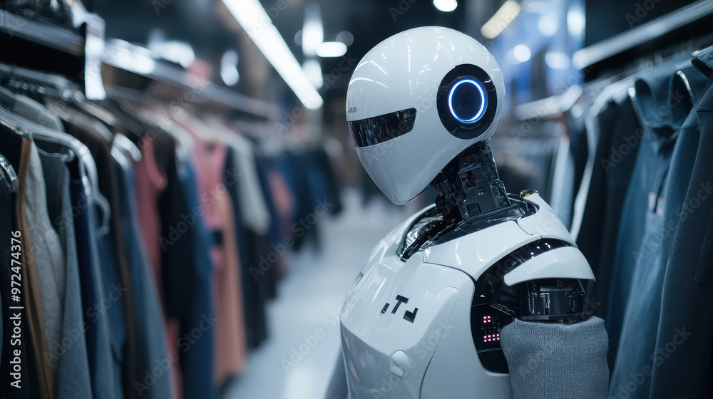 humanoid robot standing at clothe store