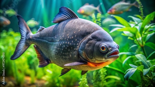 A vibrant black pacu fish swims in a well-planted aquarium, its armored body and distinctive teeth showcased against photo