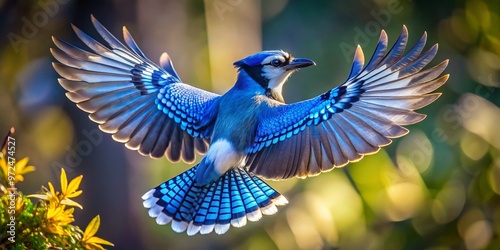 A vibrant blue jay spreads its iridescent wings, feathers glistening in sunlight, as it takes to the sky photo