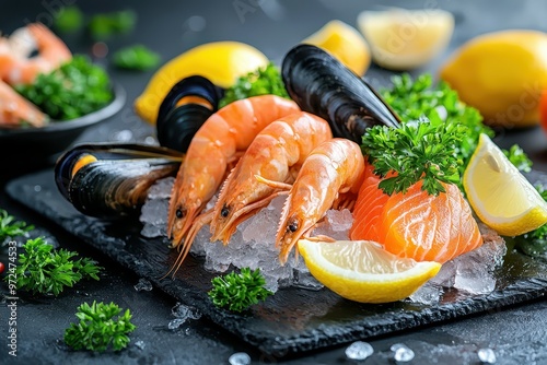 Fresh seafood platter featuring shrimp, mussels, and salmon garnished with herbs. photo