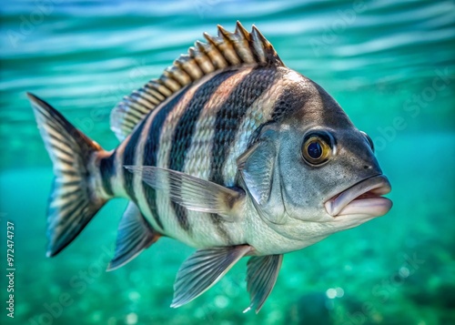 A vibrant close-up of a freshly caught sheepshead fish, its silver and black stripes glistening, with a subtle photo