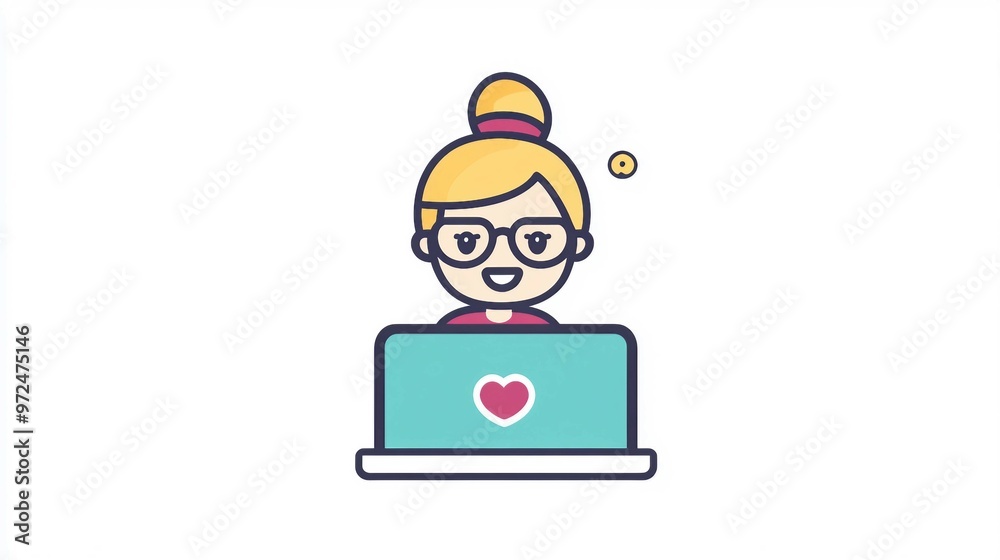 Tech-Savvy Grandma with Glasses Engaging on Social Media via Laptop - Editable Stroke Pixel Perfect Icon Tech-Savvy Grandma with Glasses Engaging on Social Media via Laptop - Editable Stroke Pixel Perfect Icon