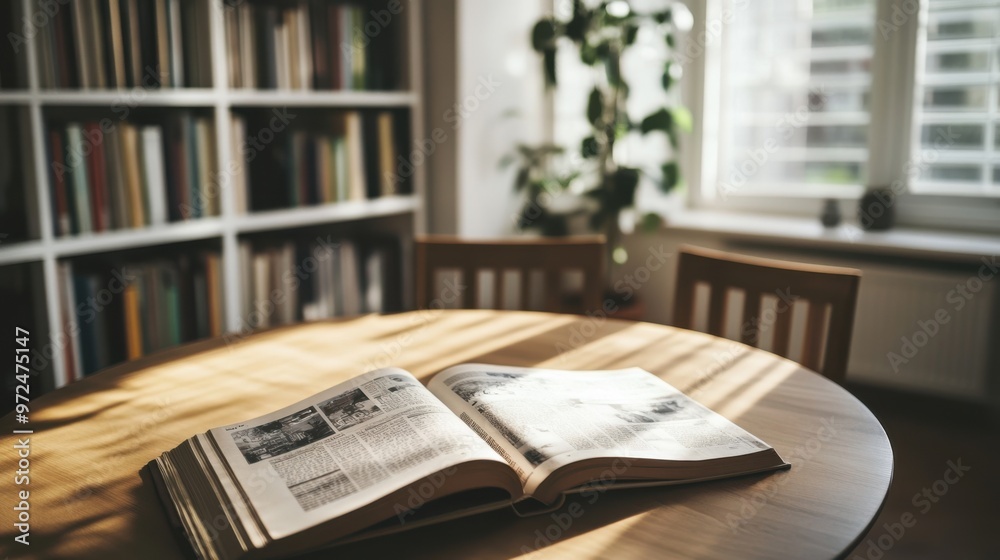 Wooden table with a light finish and a white bookshelf, newspaper open to cartoon pages Wooden table with a light finish and a white bookshelf, newspaper open to cartoon pages