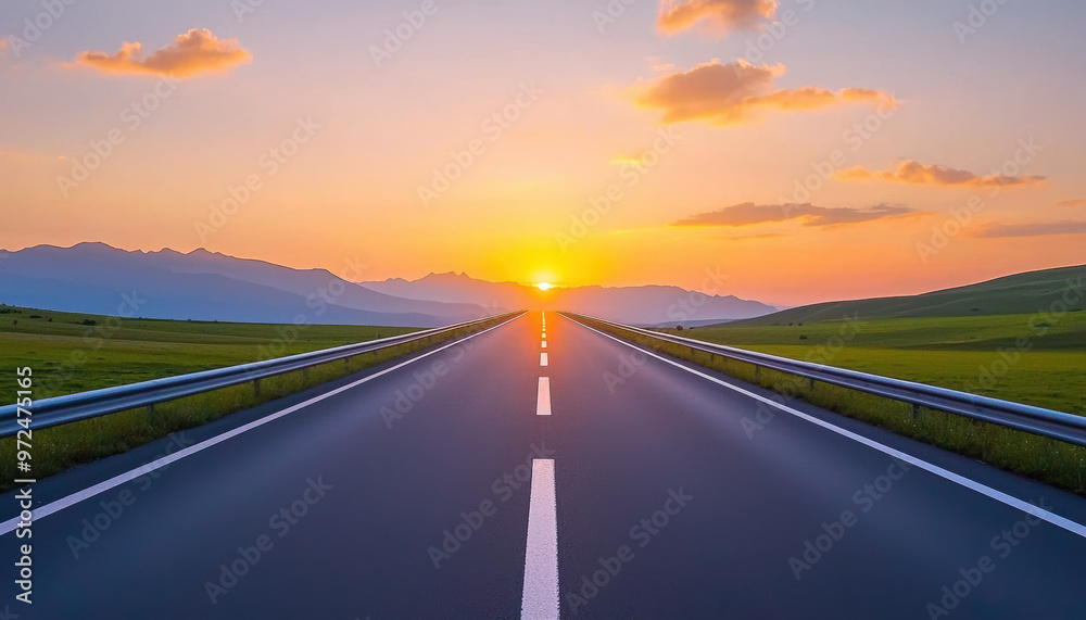 Naklejka premium A scenic road stretches into the horizon under a vibrant sunset, framed by mountains and lush green fields.