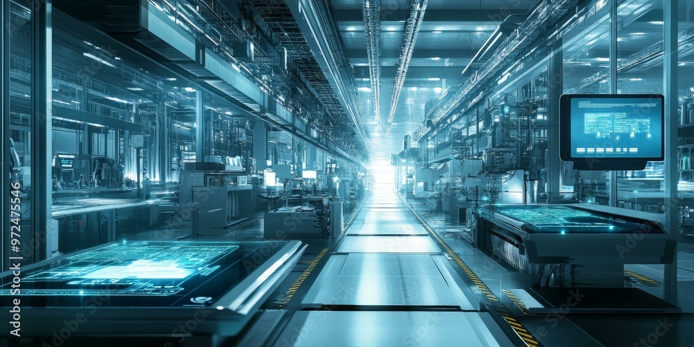 Futuristic factory with glowing digital displays. Futuristic factory with glowing digital displays.