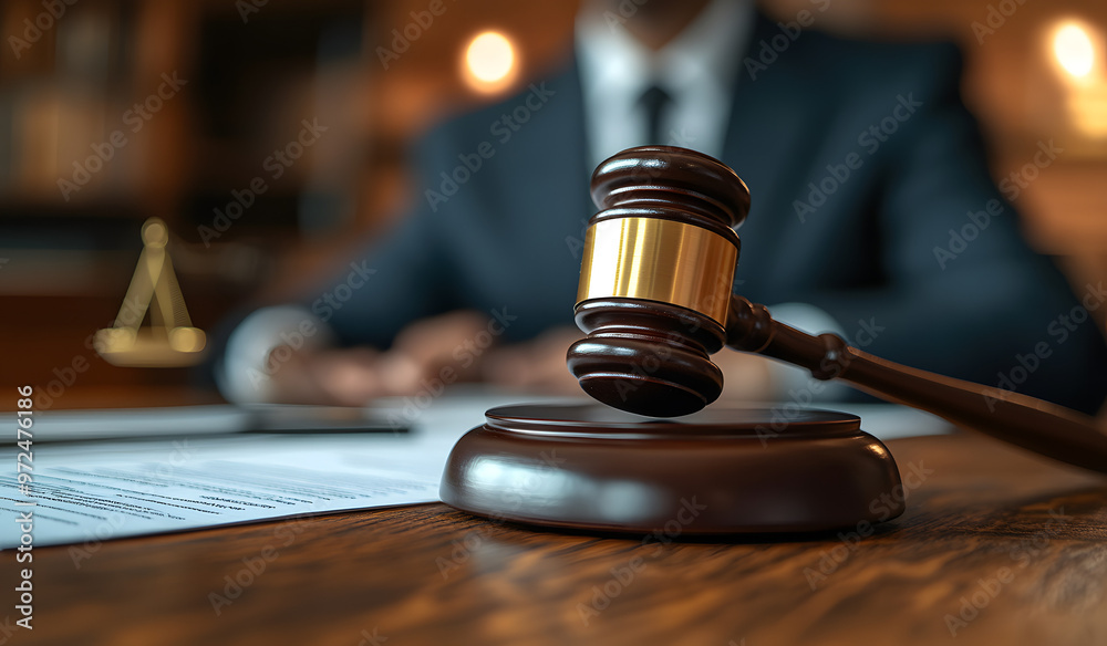 “A Gavel and Court Documents on a Table with a Lawyer in the Background, Signifying Legal Proceedings and Professionalism”
