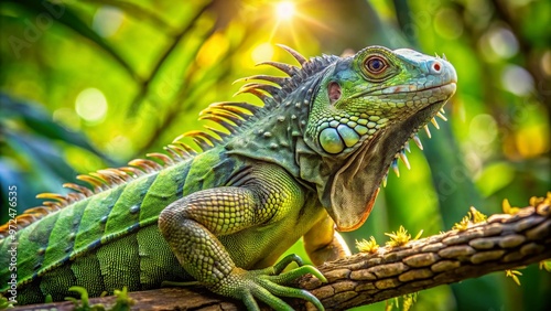 A vibrant green thornytail iguana perches on a branch, its spiky scales and whip-like tail glistening in the photo