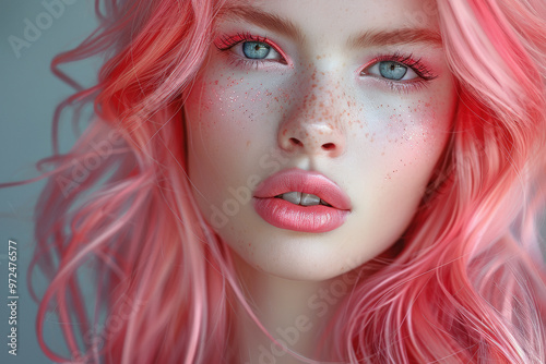 close up of young beautiful woman with pink hair