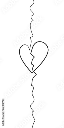 Broken heart snapped in half by a vertical shivered line, Unhappy love, Drawing with one black line on a white background