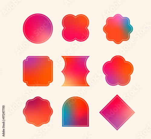Abstract shapes, frame designs, labels and colorful gradient backgrounds.