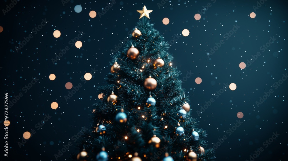 Fototapeta premium Christmas Tree with Gold and Blue Ornaments and Lights