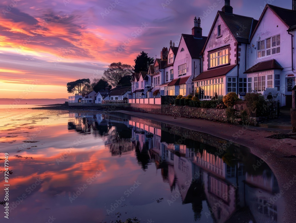 Fototapeta premium Seaside village at dawn, serene and picturesque, Coastal, Soft hues, Photograph, Morning calm