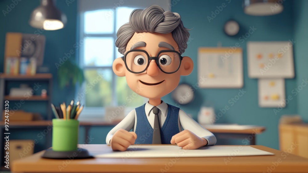 3D cartoon teacher in glasses sitting at a desk in a classroom setting. 3D cartoon teacher in glasses sitting at a desk in a classroom setting.