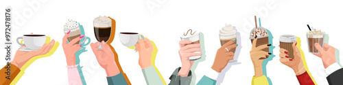 Illustration of diverse hands holding different types of coffee cups, stylish design, white background. Concept of coffee variety. Vector illustration