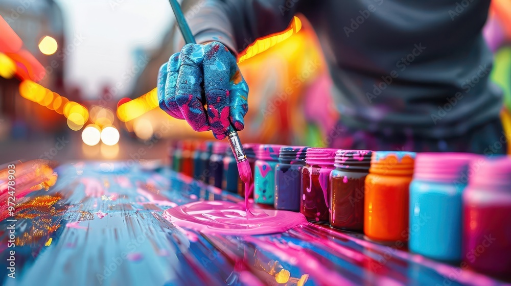Obraz premium Street artist painting a mural, dynamic and creative, Urban, Bright hues, Photograph, Public art